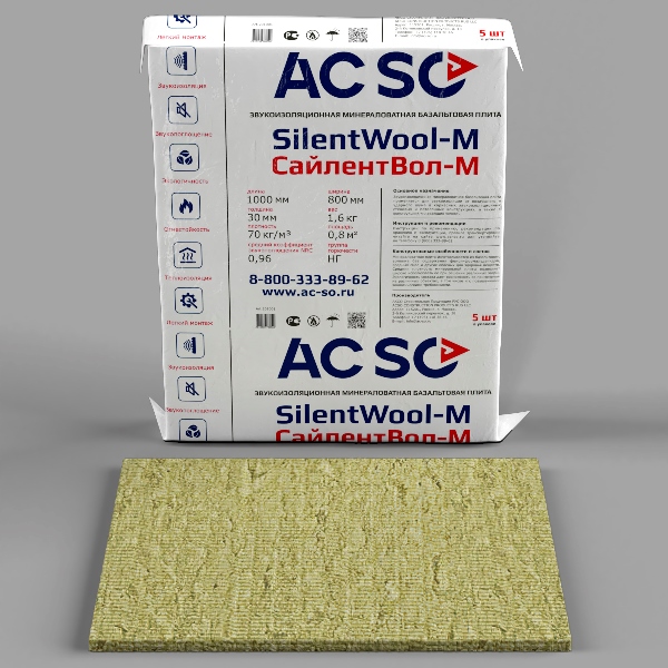 SilentWool-M Звукоизоляционная минераловатная базальтовая плита 1000×800×30 мм, 8 кг, 4 м2, 5 шт./упак